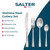 Salter stainless steel cutlery set for 12 people, 48 piece, dishwasher safe, shown with knife, fork, spoon and teaspoon.