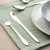 Three-piece silver cutlery set with striped bowl and plate on green napkin