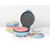 Light blue waffle maker with pastel rainbow waffles and marshmallows, for product display.
