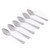 Set of six silver stainless steel dessert spoons on white background