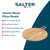 Round acacia wood pizza board with handle, shown on white and blue background.