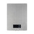Silver digital kitchen scale with LCD screen, displaying zero grams