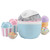 Light blue ice cream maker with pastel ice cream bowls, cone and sprinkles
