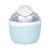 Blue and white electric ice cream maker with clear lid, shown from the front