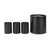 Set of four black metal kitchen storage canisters for bread, sugar, tea and coffee.