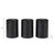 Set of three black metal canisters for tea, coffee and sugar, ribbed design, 15cm tall.