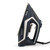 Navy and silver steam iron, side profile with power cord, temperature dial visible.