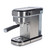 Silver espresso coffee machine with steam wand and black handle, shown at angle