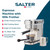 Silver espresso machine with milk frother, two cups, and metal jug, shown for product promotion.