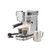 Stainless steel espresso machine with two espresso cups, milk jug and coffee grounds.