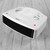 White portable fan heater with black vent shown on light wood floor