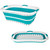 Collapsible teal and white laundry basket shown expanded and folded