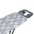 Grey ironing board with white ikat pattern and attached iron rest, partial view