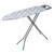 Grey ironing board with geometric cover and metal iron rest, shown upright
