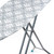 Grey ironing board with white animal print cover, shown from side angle