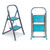 Two-step folding step ladder, grey frame with turquoise steps, shown open and folded
