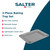 Salter 3-piece grey baking tray set shown stacked, non-stick, dishwasher safe.