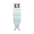 Ironing board with blue, green, grey and white striped cover, shown from above