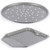 Set of non-stick metal pizza tray and oven chip tray with perforated base, shown empty.