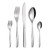 Set of five stainless steel cutlery pieces, including knife, forks and spoons, shown on white.