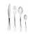 Four-piece silver cutlery set: knife, fork, tablespoon, teaspoon, shown on white background
