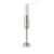 Silver and white handheld stick blender with stainless steel shaft, shown upright.