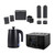 Set of black Salter kitchen appliances and storage: kettle, toaster, canisters, salt and pepper mills.