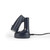 Navy handheld garment steamer with brush attachment on charging base