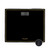 Black glass digital bathroom scale with gold trim, Salter branding, and battery shown