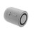 Grey portable Bluetooth speaker with fabric cover, showing volume controls.