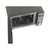 Grey microwave oven with open door, control panel and turntable visible
