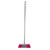Indoor broom with pink and grey bristles, silver handle, shown upright on white background
