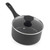 Black non-stick saucepan with glass lid and handle, shown at angle