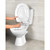 Close-up of hands demonstrating quick release button on white toilet seat.