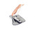 Hand attaching grey microfibre cloth to blue and white flat mop head