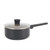 Black non-stick saucepan with glass lid and long handle, side view