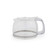 Clear glass coffee pot with white lid and handle, showing cup measurements on the side