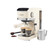 Cream espresso coffee machine with two cups, milk frother, and coffee scoop