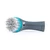 Handheld cleaning brush head with grey and blue handle, white bristles, side view
