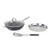 Non-stick black speckled wok with glass lid, metal steamer insert, and slotted spatula