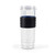 Clear plastic sports blender bottle with black grip sleeve, shown upright.