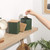 Green metal storage tin with wooden lid, front view
