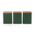 Set of three green metal storage canisters with wooden lids, frontal view