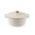 Cream cast iron casserole dish with gold handle and lid, shown from the front.
