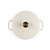 Cream cast iron casserole pot with brass knob seen from above, two side handles.