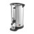 Stainless steel hot water urn with tap and clear glass cup, shown on countertop