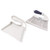 White dustpan and brush set with navy handle, shown side by side for cleaning.