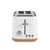White 2-slice toaster with wood accents, shown from front on plain background.