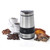 Stainless steel electric grinder with Salter logo, beside coffee beans, spices, and two cups of coffee