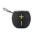 Black portable Bluetooth speaker with yellow volume buttons, shown from the front.